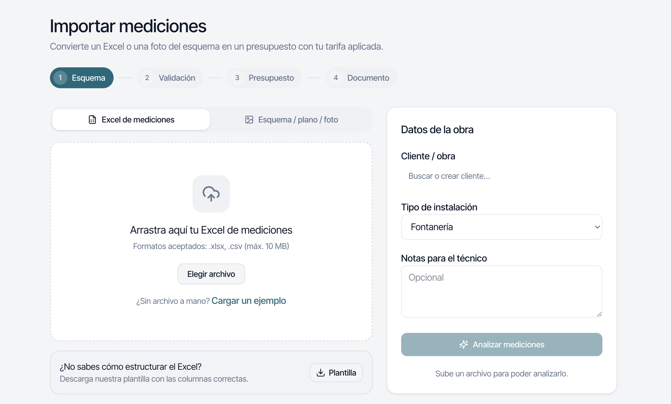 Pantalla de importar mediciones: el Excel se arrastra y se indican cliente, tipo de instalación y notas