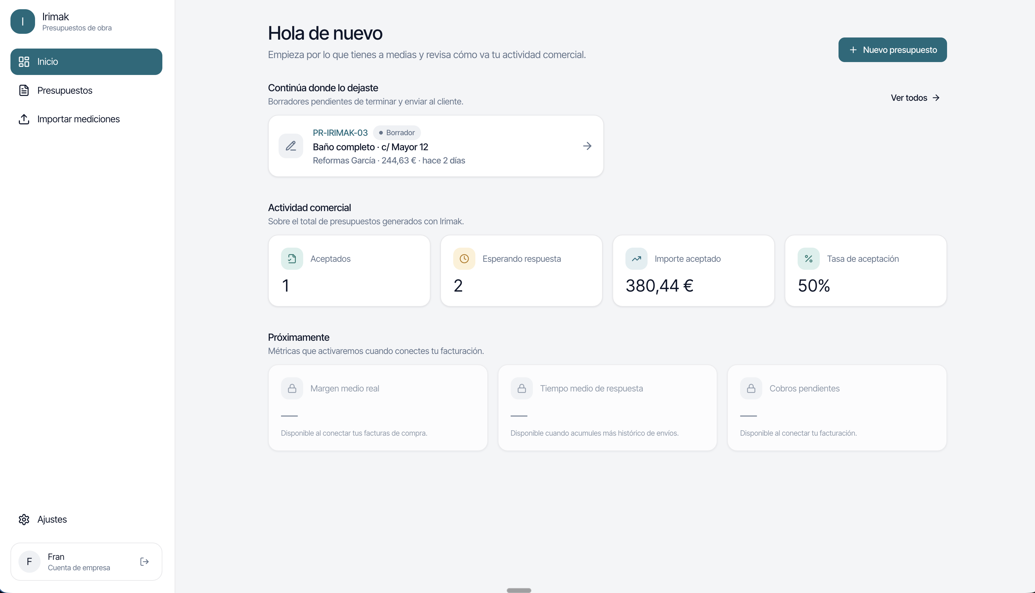 Inicio de la herramienta: borradores pendientes y actividad comercial