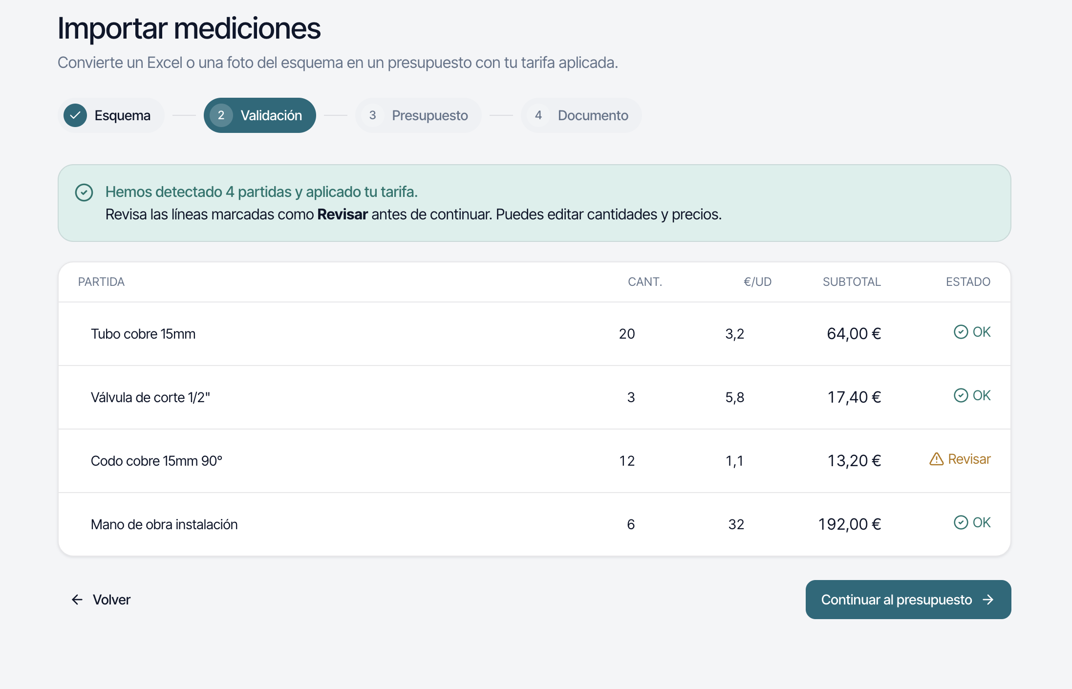 Pantalla de validación con las partidas detectadas y su estado